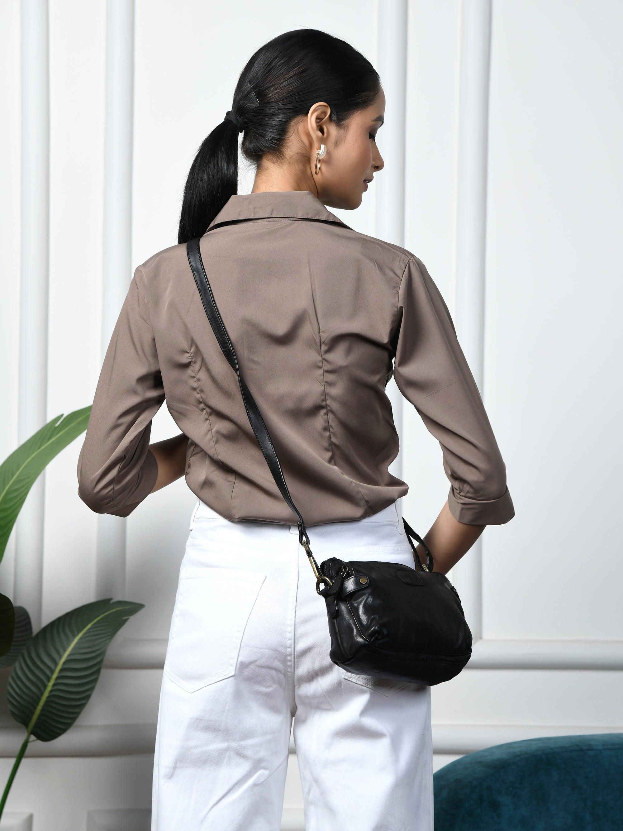 Classic Cognac Leather Women's Handbag - Black Colour